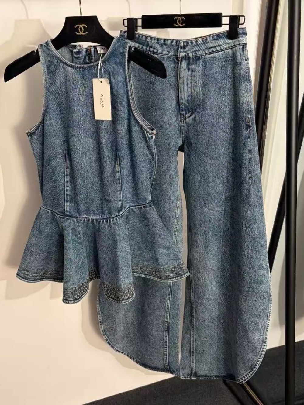 Alaia Washed Blue Denim Peplum Top & Wide-Leg Jeans set Sz M